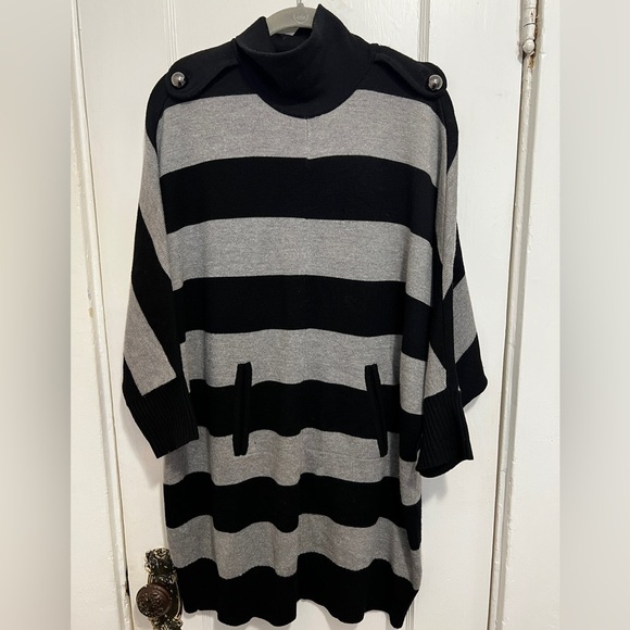 TORY BURCH Grey and Black Stripes Merino Wool Sweater Dress Turtleneck - Picture 2 of 9
